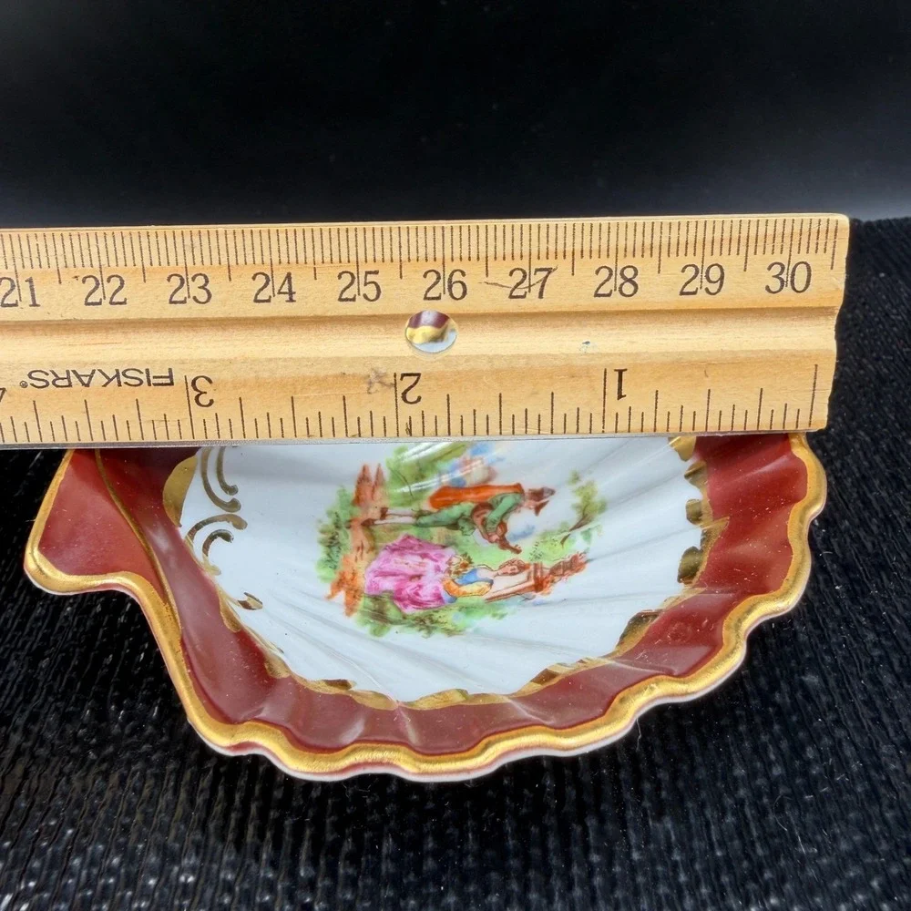 Vintage M Germany Porcelain Shell Trinket Dish Courting Couple Burgundy Gold VTG